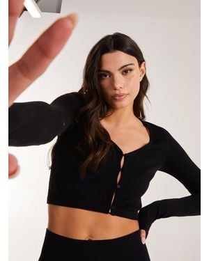 Pink Vanilla Rib Long Sleeve Button Down Top - Black