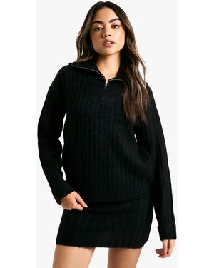 Boohoo Soft Knit Thick Rib Zip Neck Oversized Jumper And Mini Skirt Set - Black