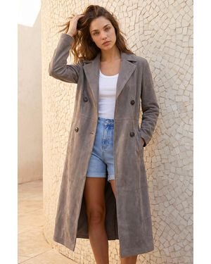 Roman Petite Faux Suede Trench Coat - Brown