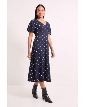 Wallis Polka Dot Print Jersey V Neck Midi Tea Dress - Blue