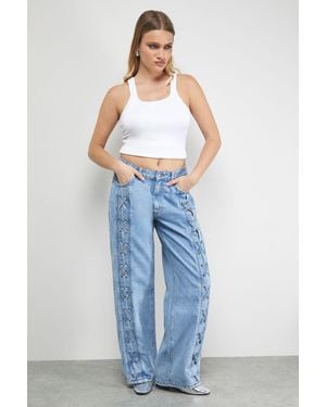 Warehouse Tony Low Waist Lace Up Wide Jean - Blue