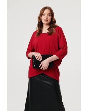 Izabel London Asymmetric Zip Hem 3/4 Sleeve Tunic Top - Red