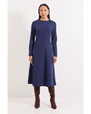 PRINCIPLES Contrast Seam Detail Fit & Flare Crepe Midi Dress - Blue
