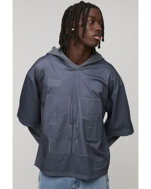BoohooMAN Oversized Boxy Varsity Applique Faux Layer Mesh Sports Top Hoodie - Grey