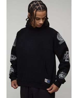 BoohooMAN Oversized Boxy Varsity Badge Hoodie - Black