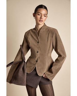 Boohoo Faux Suede Collarless Cinched Waist Blazer - Brown