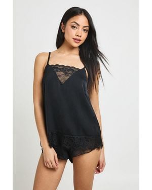 Boohoo Satin Lace Panel Detail Cami & Short Pyjama Set - Black