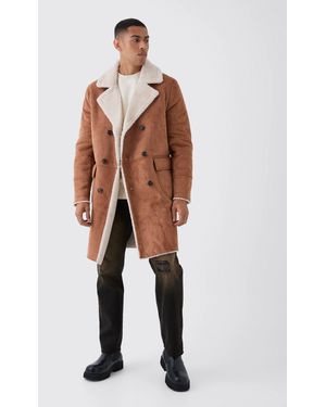 BoohooMAN Borg Lined Double Breasted Overcoat - Natural