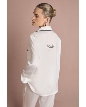 Boohoo Bridal 'Bride' Satin Embroidered Long Sleeve Shirt & Trousers Pyjama Set - Natural