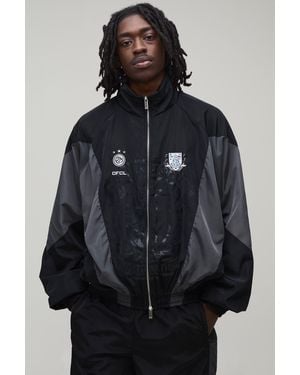 BoohooMAN Oversized Funnel Neck Circa 98 Crest Colour Block Track Jacket - Black