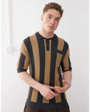 The Ragged Priest Oversized Stripe Knit Polo - Grey