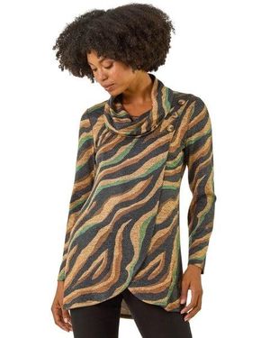 Roman Abstract Print Cowl Neck Stretch Top - Brown