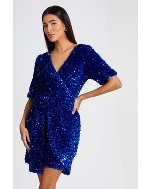 Quiz Royal Sequin Wrap Mini Dress - Blue