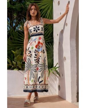 Roman Floral Palm Strappy Midi Dress - White