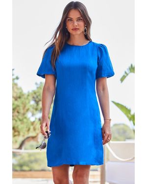 Sosandar Cobalt Linen Puff Sleeve Shift Dress - Blue