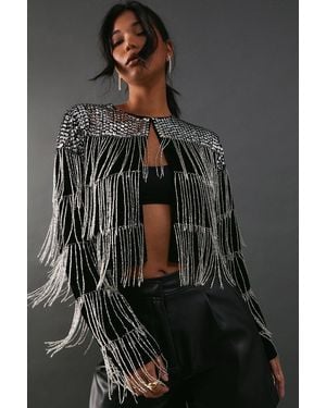 Warehouse Premium Velvet Hand Embellished Sequin Fringe Jacket - Black