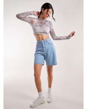 Pink Vanilla Mesh Printed La Long Sleeve Top - Blue