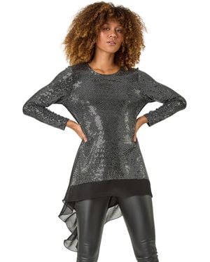 Roman Chiffon Hem Sequin Stretch Tunic Top - Black