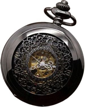 Infinity Leather Antique Brass Alloy Skeleton Half Hunter Pocket Watch - Black