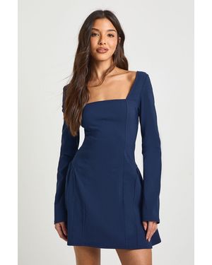 Boohoo Bengaline Square Neck Gathered Waist Skater Dress - Blue