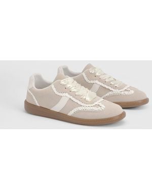 Oasis Tyler Faux Suede Lace Trim Detail Up Trainers - Natural