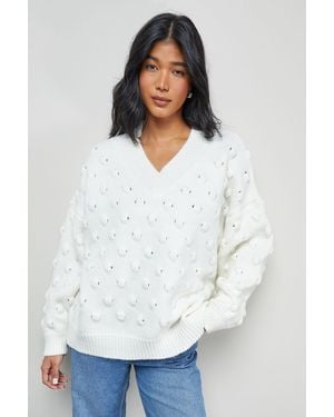 Warehouse Bubble Knit Slouchy V Neck Jumper - White