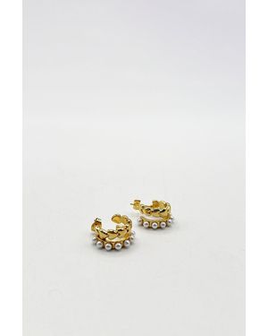 SVNX Double Heart Pearl Huggie Earrings - White