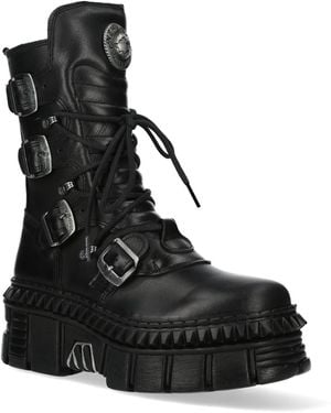 New Rock Mid-Calf Leather Platform Boots-Wall373-S6 - Black