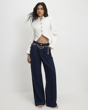 River Island Wide Leg Jeans Mid Rise Belted Cotton - Blue