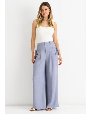 Gini London Linen Look High Waist Wide Leg Trousers - Blue