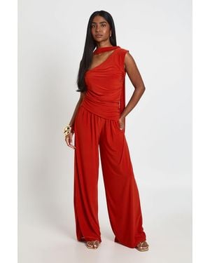 Boohoo Slinky One Shoulder Drape Detail Jumpsuit - Red