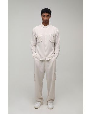 BoohooMAN Linen Regular Cargo Shirt & Relaxed Trouser Set - Grey
