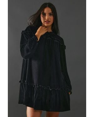 Warehouse Smock Tiered Velvet Dress - Grey
