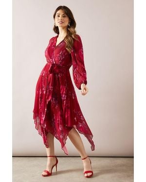 Wallis Pleated Asymmetric Wrap Dress - Red