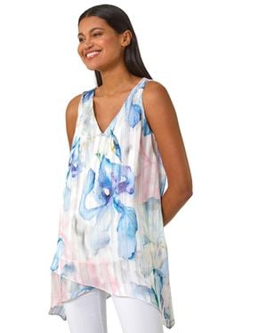 Roman Floral Print Layered Tunic Top - Blue