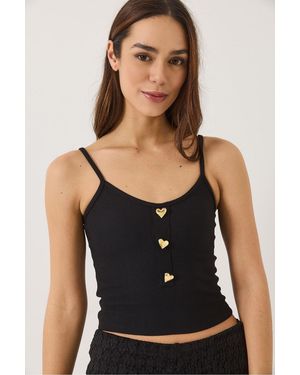 Bianco Lucci Fitted Crop Tank Top With Button Detail - Black