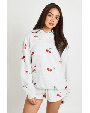 Boohoo Cherry Print Hooded Short Tracksuit - White