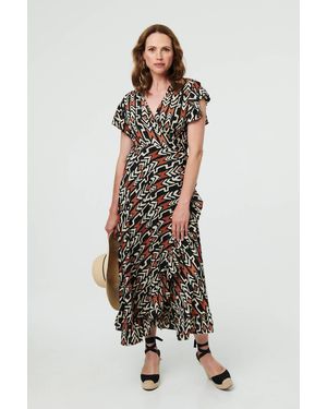 Izabel London Abstract Frilled Sleeve Wrap Midi Dress - White