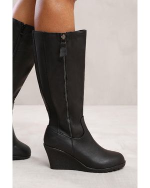 Where's That From Wheres 'Effie' Wedge Heel Mid Calf High Boots With Side Zip - Black