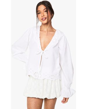 Boohoo Cutwork Broderie Tie Front Blouse - White