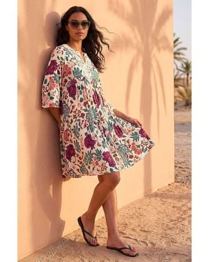 Roman Floral Trim Smock Dress - Natural