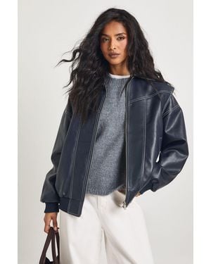 Boohoo Faux Leather Contrast Stitch Bomber Jacket - Blue