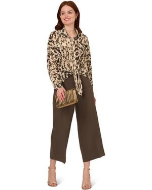 Adrianna Papell Printed Button Front Tie Woven Blouse With Flap Pockets - Natural