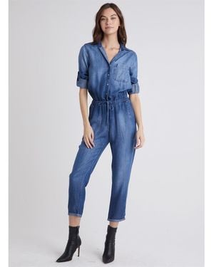 Bella Dahl Collared Neck Three Quarter Sleeve Denim Jumpsuit - Blue