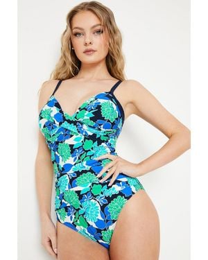 Gorgeous Bold Bloom Twist Front Tummy Control Swimsuit - Blue
