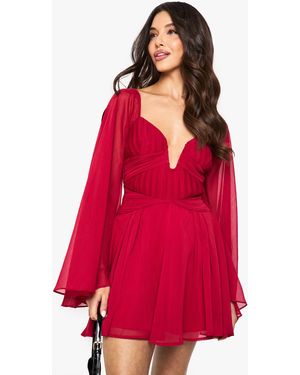 Boohoo Chiffon Pleated Long Sleeve Mini Dress - Red