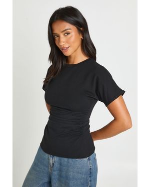 Boohoo Petite Jersey Ruched Waist Cap Sleeve T-Shirt - Black