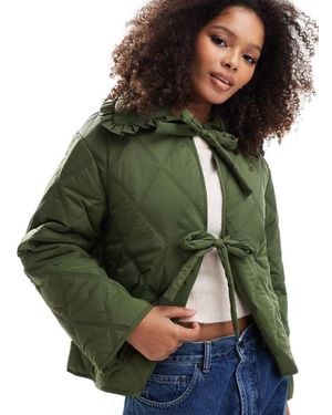 ASOS Quilted Frill Collar Jacket With Tie Front - Green