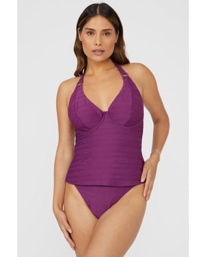 Gorgeous Textured Non Pad Plunge Tankini Top - Purple