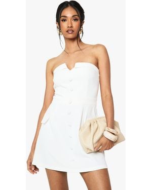 Boohoo Button Front Bandeau Tailored Mini Dress - White